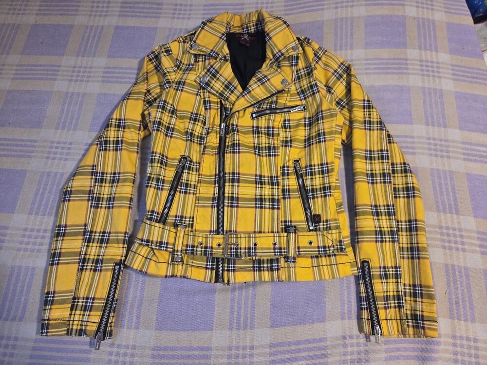 Royal Bones Daang Goodman Biker Jacket Yellow Plaid Belted Zip Medium Women